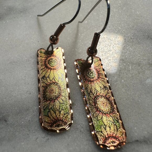Handcrafted Copper Diamond Cut Sunflower Wire Drop Earrings, Western Boho, Gift - Picture 7 of 9
